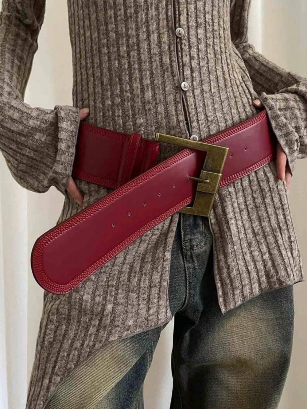 Wide Burgundy Leather Waist Belt with Metal Buckle